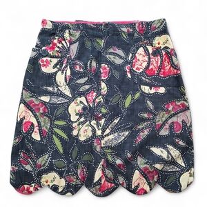 Central Falls Floral Cotton Skirt Grey Pink Green Scalloped Hem Size 8